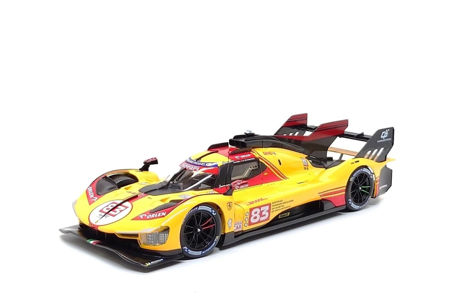 Bburago Ferrari 499P 3.0L Turbo V6 No 83 Team Ferrari AF Corse 4th WEC Qatar 2024 - Yellow 1:18 - Image 2