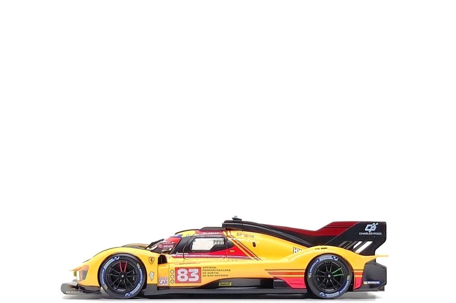 Bburago Ferrari 499P 3.0L Turbo V6 No 83 Team Ferrari AF Corse 4th WEC Qatar 2024 - Yellow 1:18 - Image 4