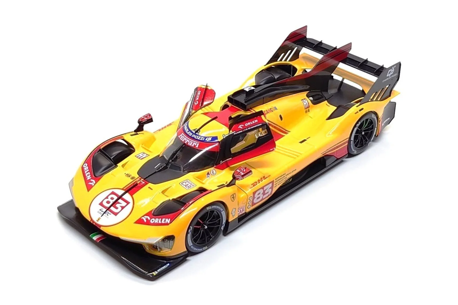 Bburago Ferrari 499P 3.0L Turbo V6 No 83 Team Ferrari AF Corse 4th WEC Qatar 2024 - Yellow 1:18 - Image 8