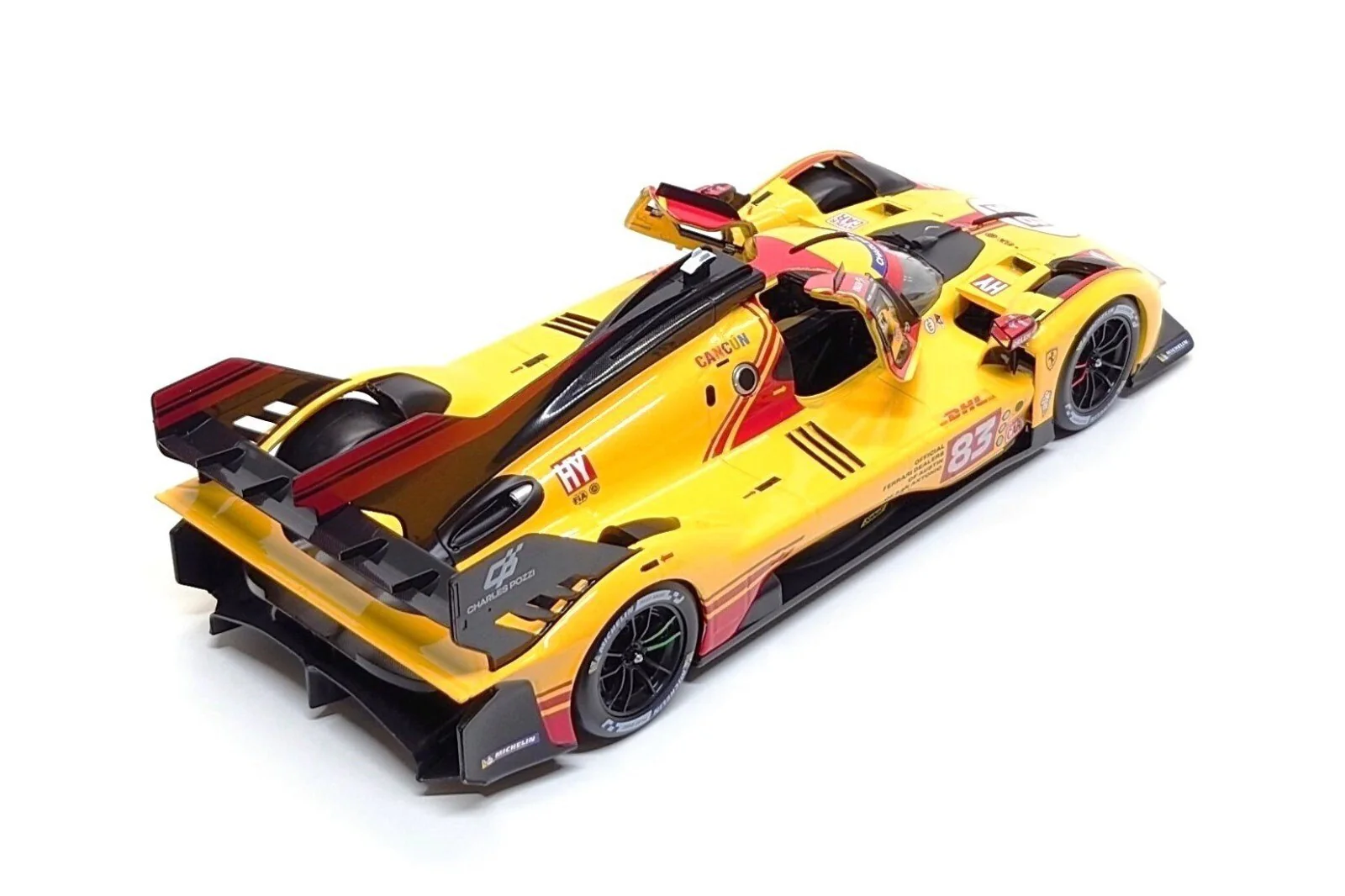Bburago Ferrari 499P 3.0L Turbo V6 No 83 Team Ferrari AF Corse 4th WEC Qatar 2024 - Yellow 1:18 - Image 9