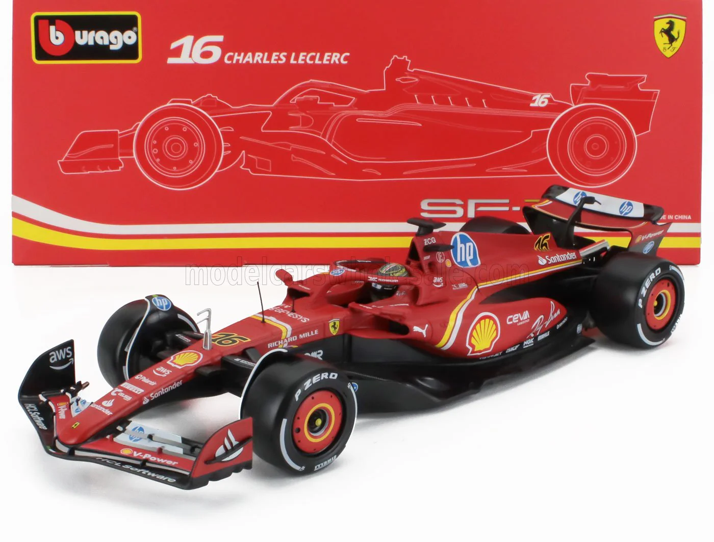 Bburago Ferrari F1 SF-24 Team Scuderia No 16 Winner Italy Monza GP (LeClerc) 2024 Red 1:18 WITH DISPLAY - Image 2
