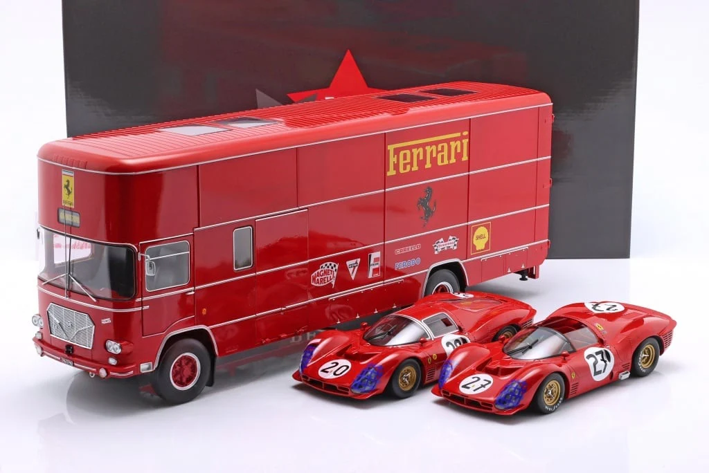 CMR Fiat OM 150 Rolfo Ferrari Race Car Transporter Red PLUS 2x Ferrari 330 P3 Bundle 1:18