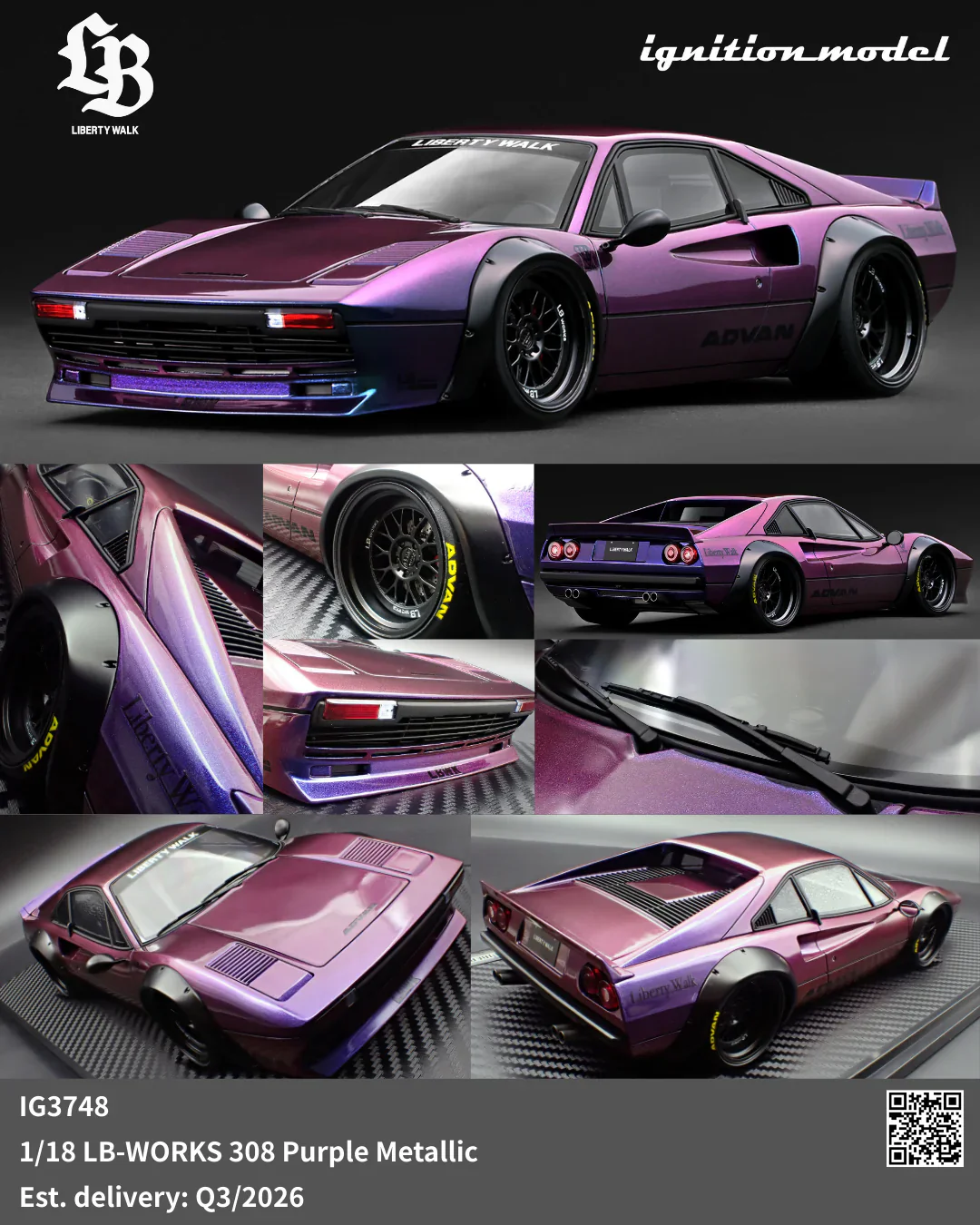 Ignition-Model Ferrari 308 LBWK LB-Works Demo Car Purple Metallic 1:18 - Image 3