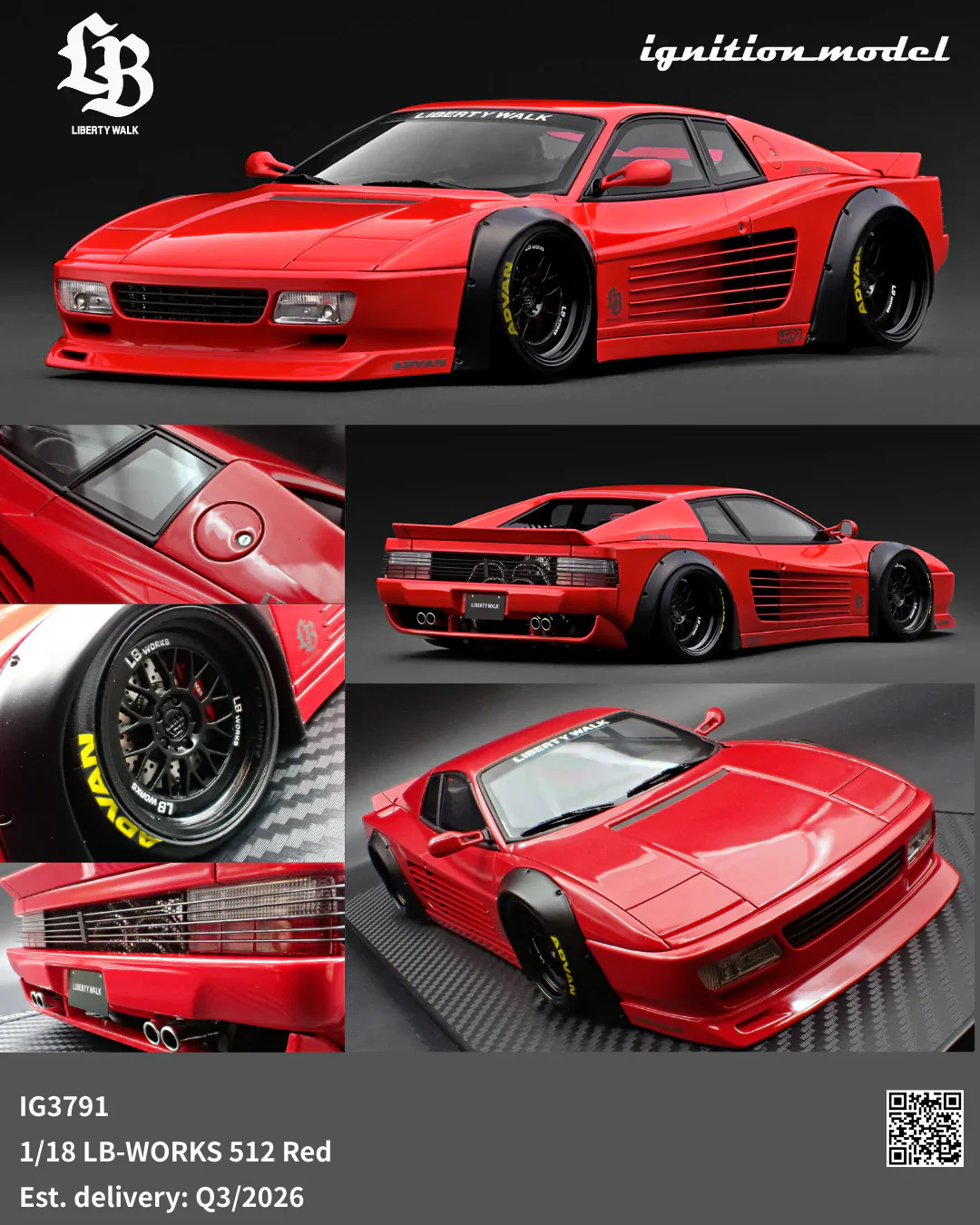 Ignition-Model Ferrari Testarossa 512 LBWK LB-Works Rosso Corsa Red w/ Black Wheels 1:18 - Image 3