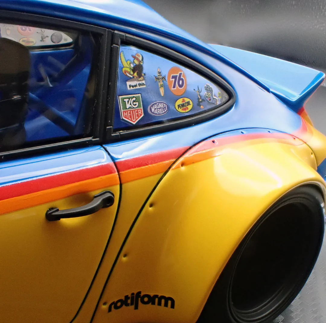 Ignition-Model Porsche 911 F Series Backdate #80 RWB Coupe Yellow & Blue 1:18 - Image 10