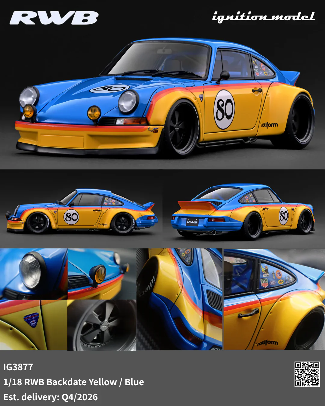 Ignition-Model Porsche 911 F Series Backdate #80 RWB Coupe Yellow & Blue 1:18 - Image 4