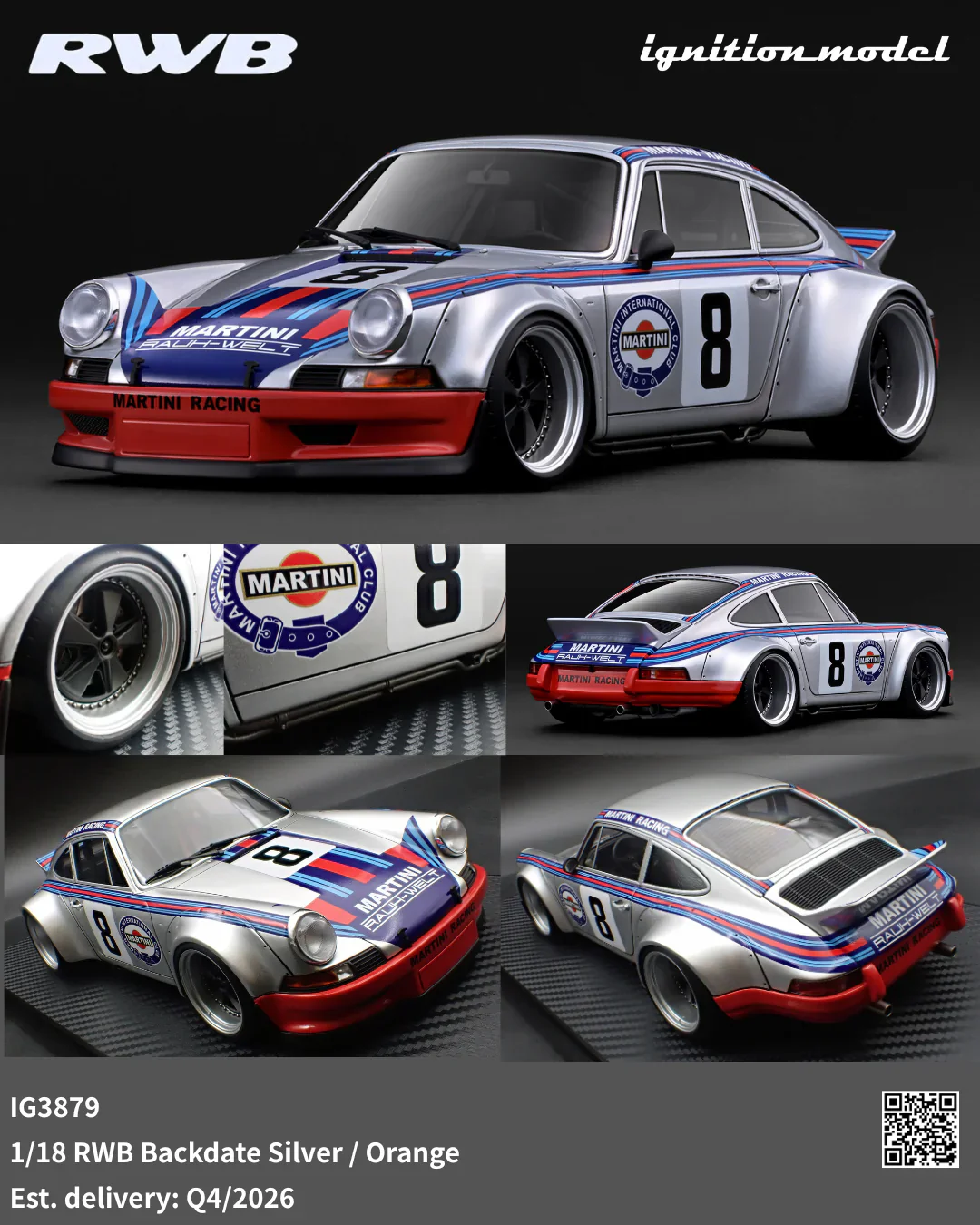 Ignition-Model Porsche 911 F Series Backdate #8 RWB Martini Racing Silver 1:18 - Image 3