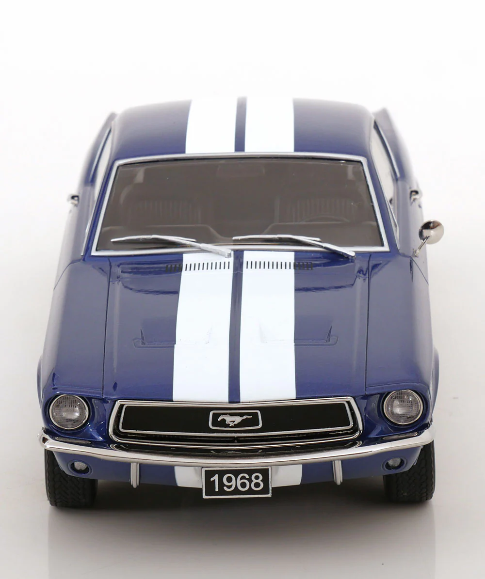 KK Scale 1968 Ford Mustang GT Fastback Blue w/ White Stripes 1:18 - Image 4