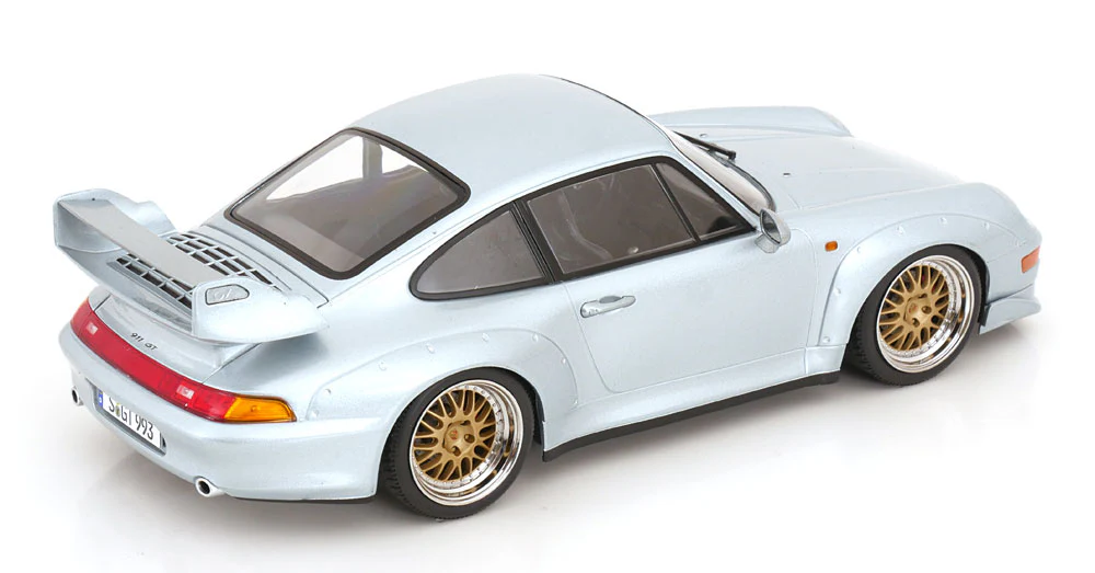 KK Scale 1996 Porsche 911 993 GT2 w/ Gold BBS Wheels Silver 1:18 - Image 2