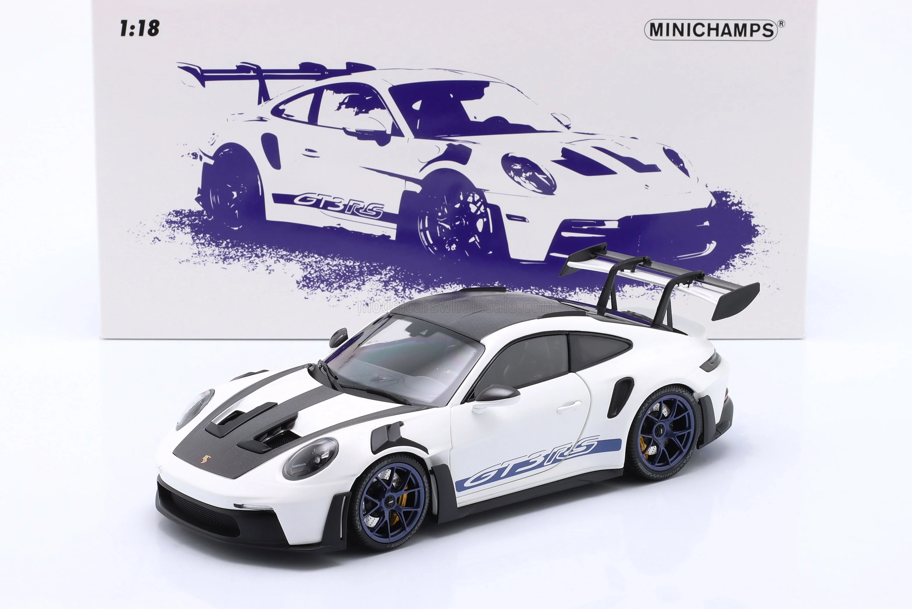 Minichamps 2022 Porsche 911 992 GT3 RS Weissach Pkg, White w/ Blue Wheels & Deco 1:18 - Image 2
