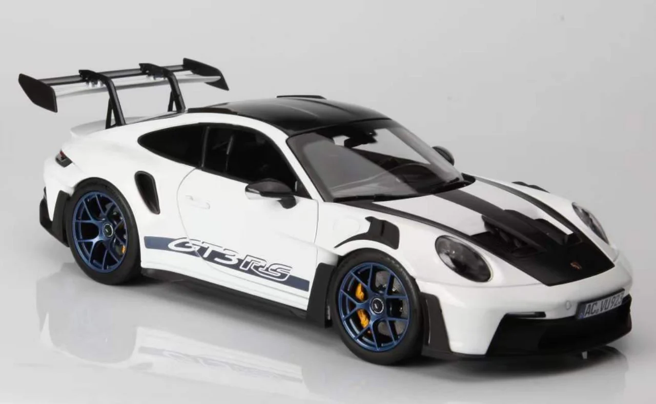 Norev 2022 Porsche 911 992 GT3 RS w/ Weissach Package White w/ Indigo Blue Wheels & Deco 1:18 - Image 2