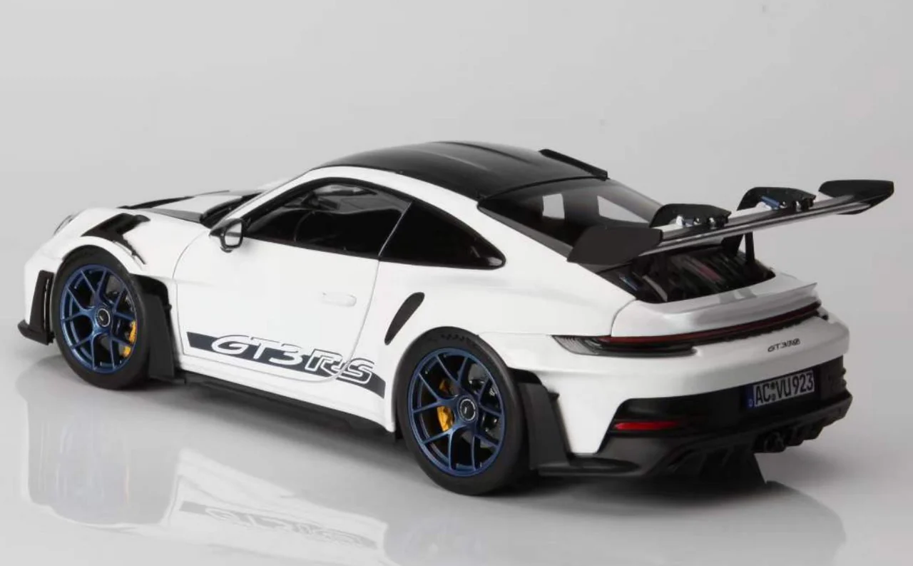 Norev 2022 Porsche 911 992 GT3 RS w/ Weissach Package White w/ Indigo Blue Wheels & Deco 1:18 - Image 3