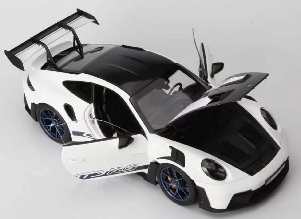 Norev 2022 Porsche 911 992 GT3 RS w/ Weissach Package White w/ Indigo Blue Wheels & Deco 1:18 - Image 4