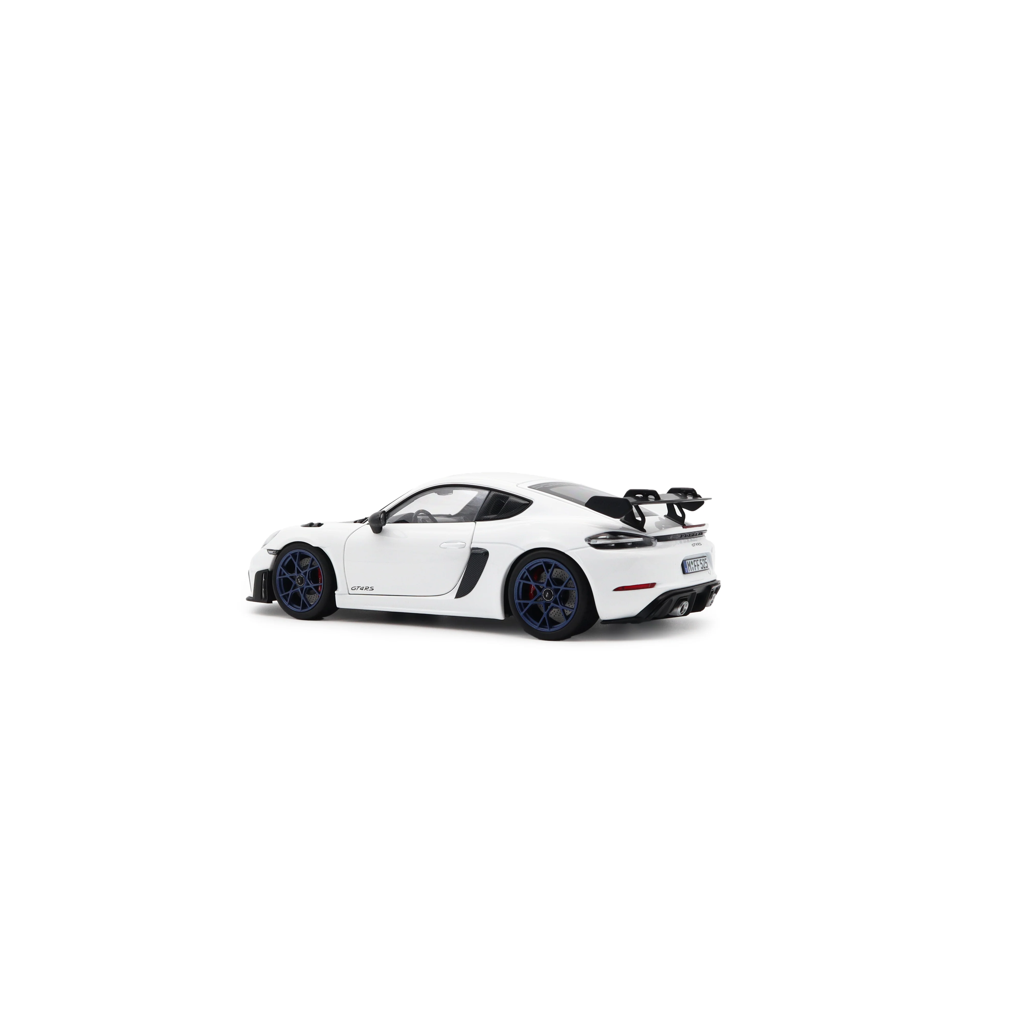 Norev 2023 Porsche 718 Cayman GT4 RS w/ Weissach Package White w/ Blue Wheels 1:18 - Image 4