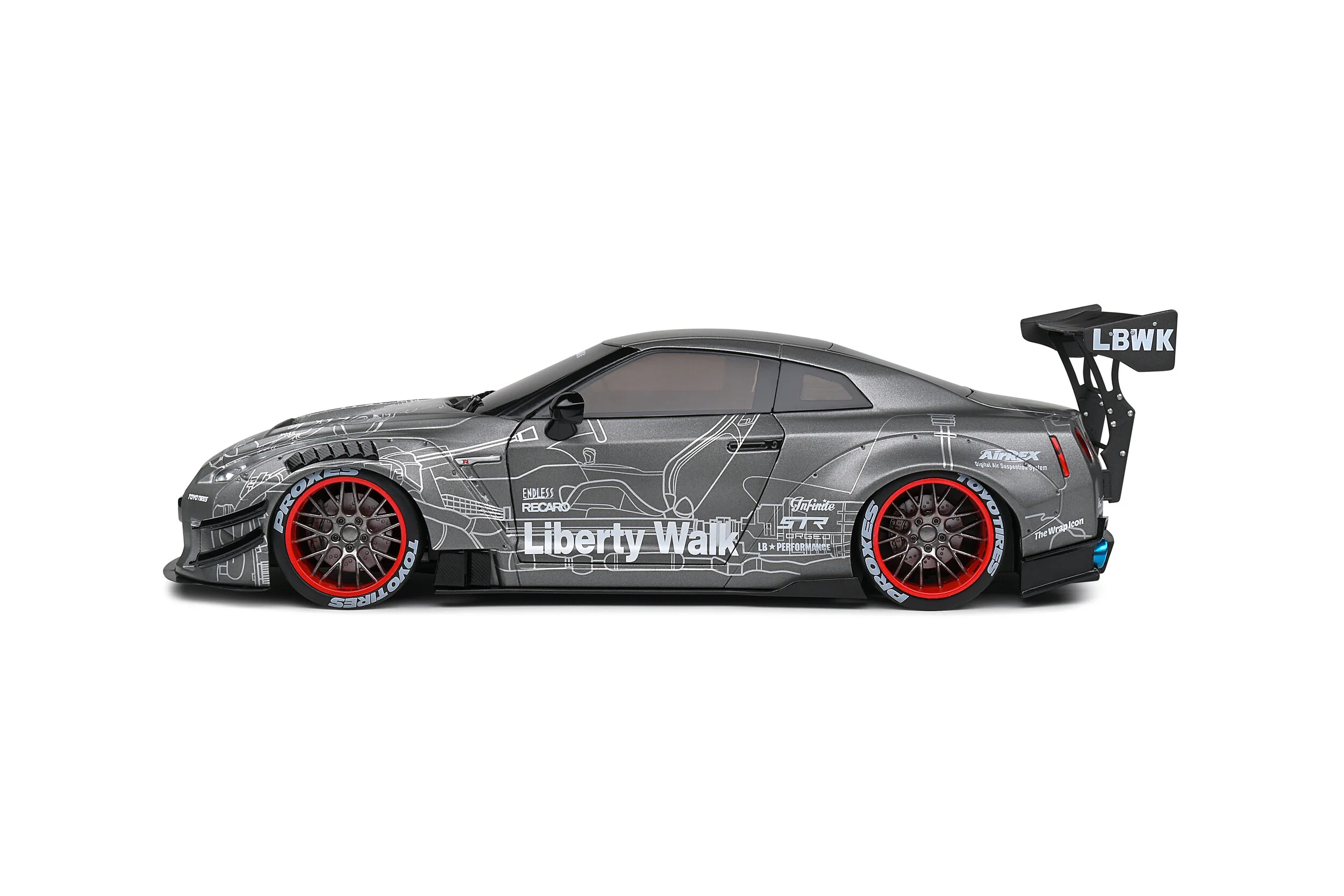 Solido 2020 Nissan GT-R (R35) W/ Liberty Walk Body Kit 2.0 Catalogue Design Grey 1:18 - Image 2