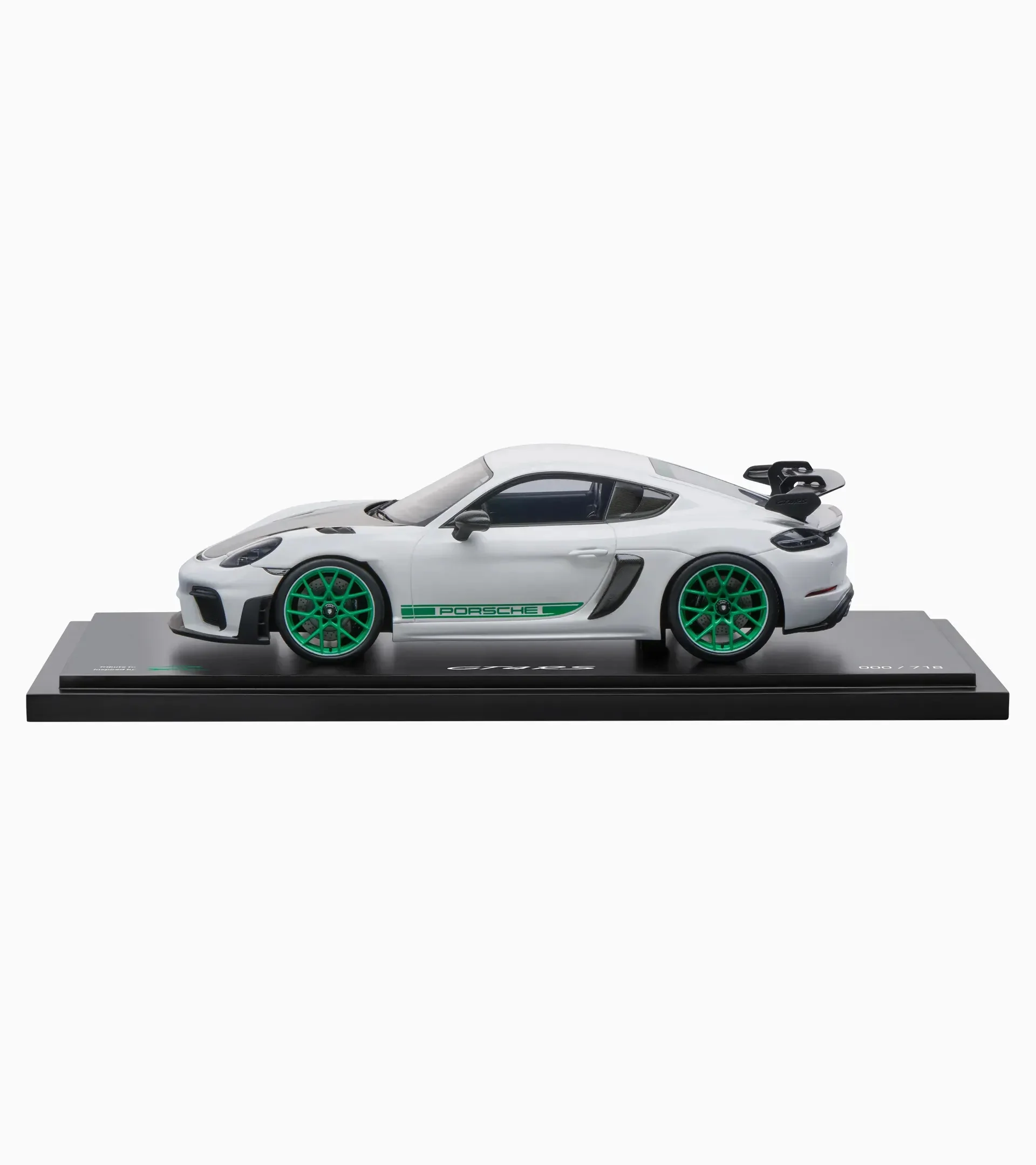 Spark-Model 2021 Porsche 718 Cayman GT4 RS (982) w/ Weissach Package White w/ Green Wheels WITH DISPLAY 1:18 - Image 3