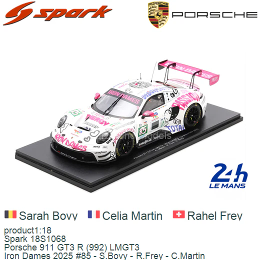 Spark-Model Porsche 911 992 GT3 R #85 Team Iron Dames 24hr Le Mans White Pink 1:18 WITH DISPLAY - Image 3