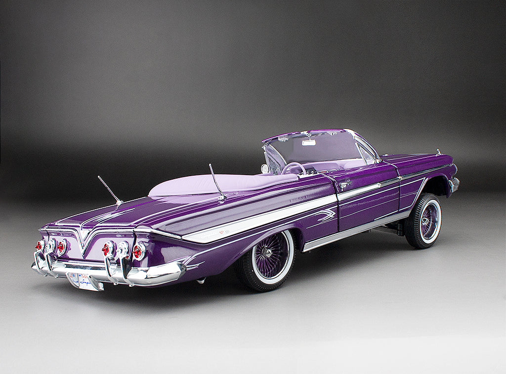 Sun-Star 1961 Chevy Impala Open Convertible Lowrider w Movable Suspension Purple 1:18 - Image 11
