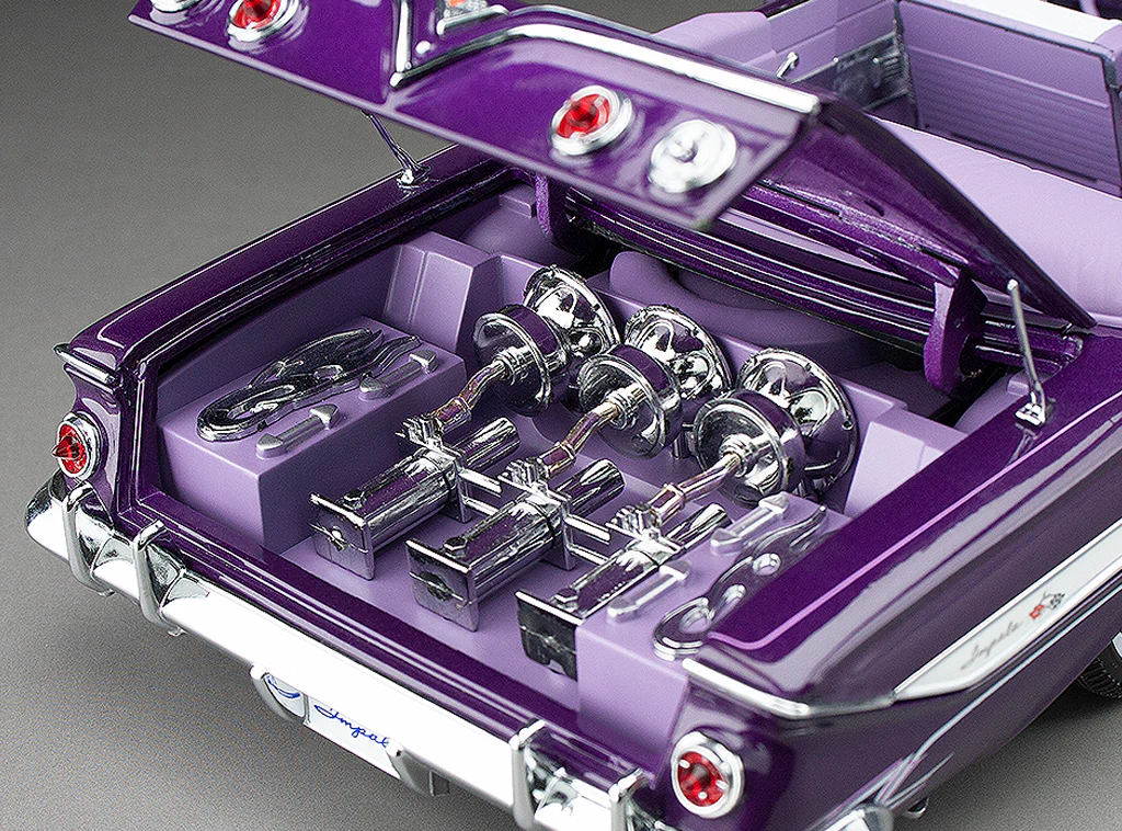 Sun-Star 1961 Chevy Impala Open Convertible Lowrider w Movable Suspension Purple 1:18 - Image 9