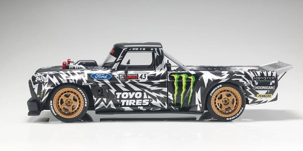 Top Marques 1977 Ford USA F-150 Pick-Up #43 Hoonigan 2018 Gymkhana Ken Block Black w/ Gold Wheels 1:18 - Image 3